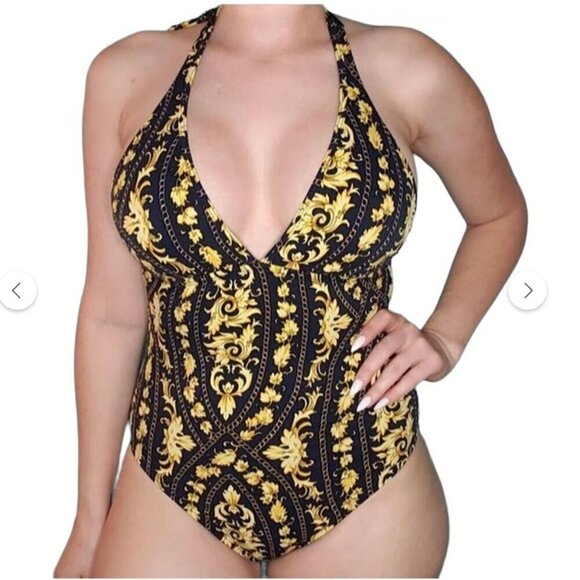 Nautica LIKE NEW Versace vibes halter style one piece v neck swim suit size 8 - Picture 1 of 6